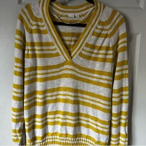 GAP Yellow and White Striped V-Neck Sweater